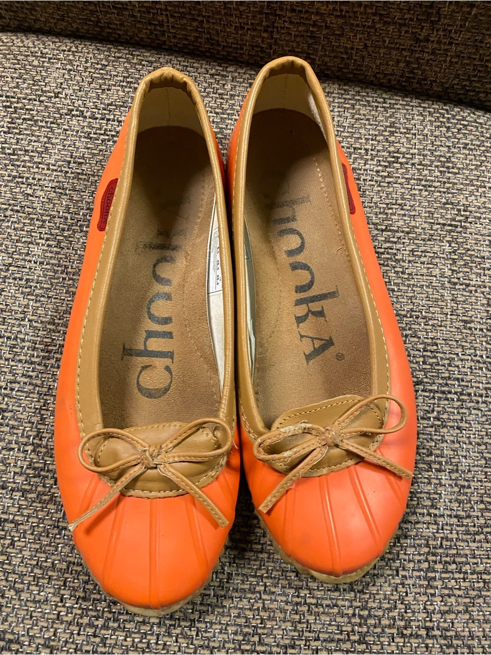 chooka Orange Ballet Flats with Tan Trim and Bow Accent